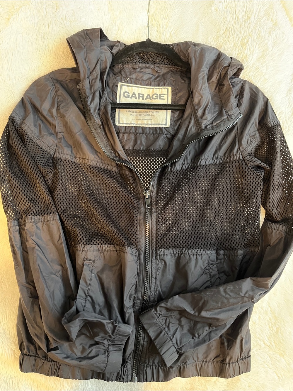 Garage hooded Black Mesh-Panel Windbreaker Jacket